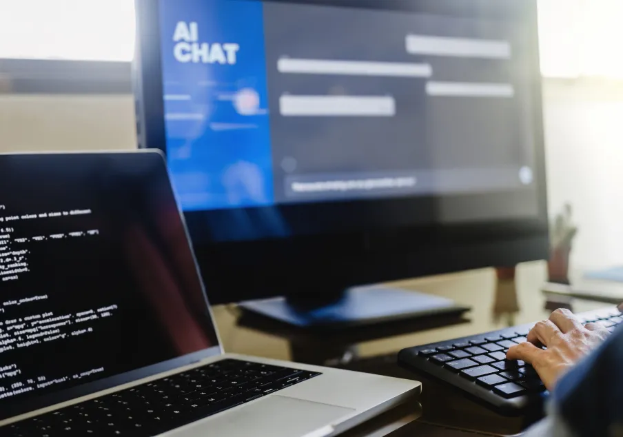 Person typing on keyboard with laptops showing AI chat interface